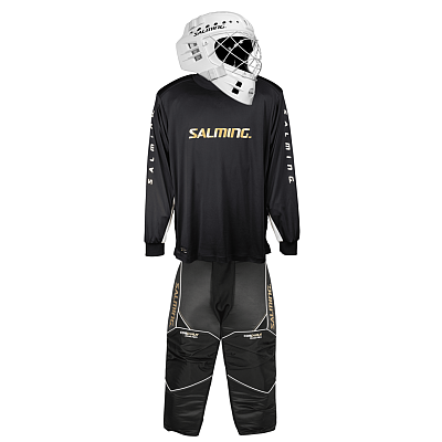 Salming Brankářský set React black/white + maska Salming Phoenix Elite Helmet White Shiny
