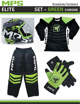 MPS ELITE brankářsky set Green + maska Pro Flame - Green/Chrome + Florbalové rukavice MPS